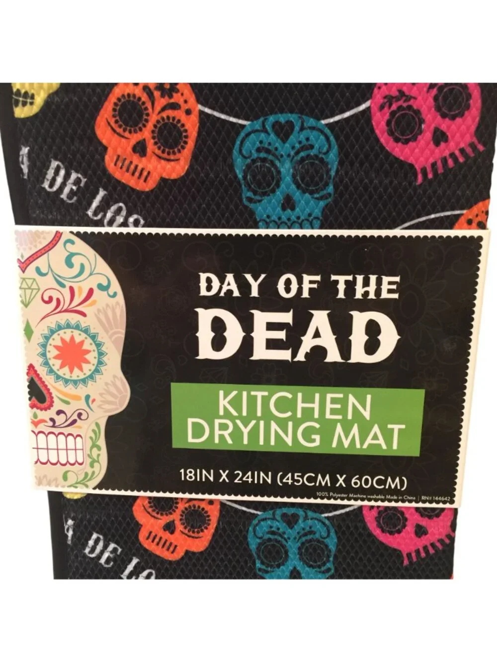 Day of the Dead Halloween Sugar Skulls Kitchen Drying Mat Orange Black Pink